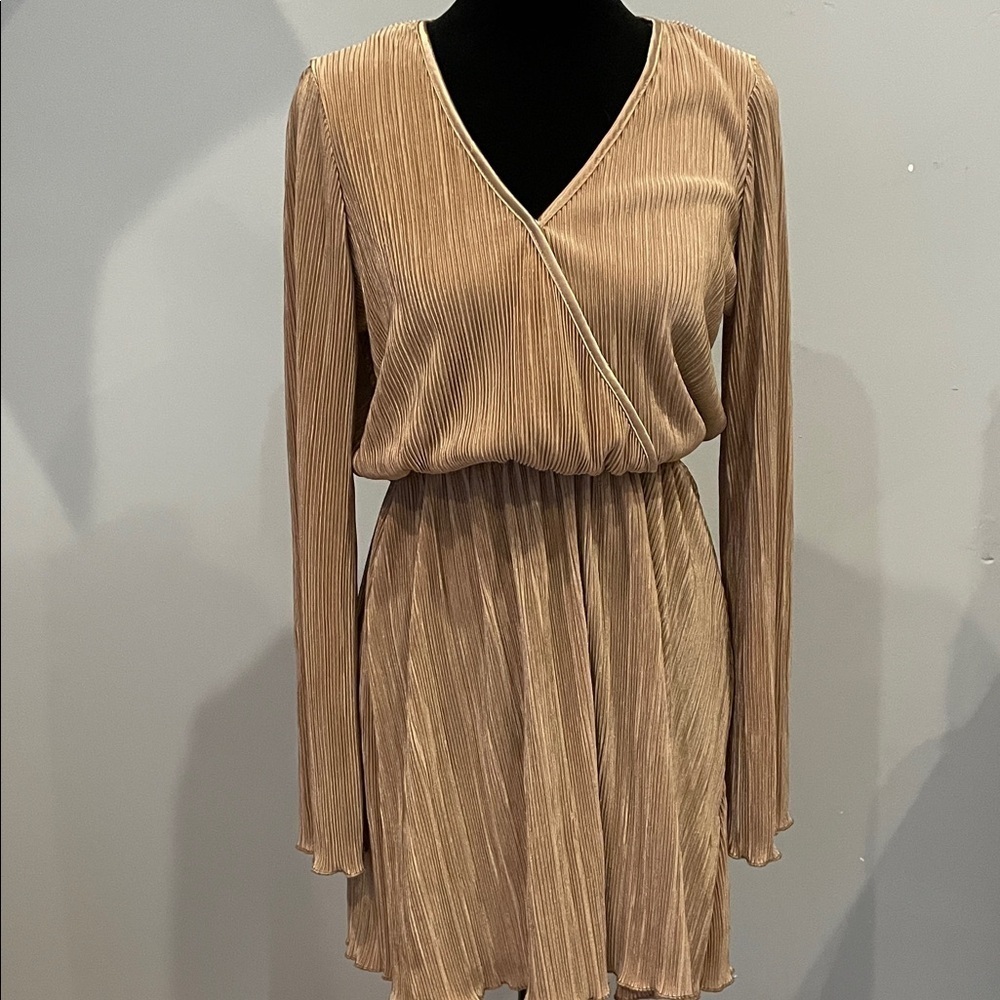 Elegant Pleated Tan long sleeve v-neck Dress